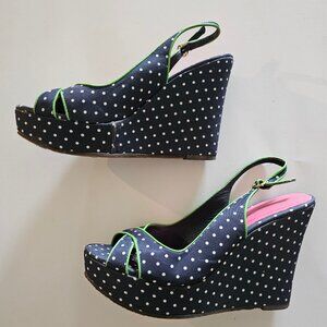 8.5 Lilly Pulitzer Peep Toe Wedge Slingback Sandals Lily Navy Blue Polka…